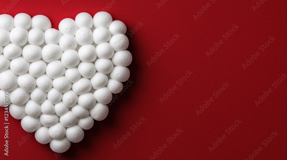 A heart shape made of white balls is placed on a vibrant red background, symbolizing love and affection. A heart shape made of white balls is placed on a vibrant red background, symbolizing love and affection.