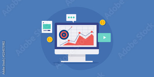 Social media advertising analytics, digital marketing campaign report, business growth graph monitoring vector illustration concept.