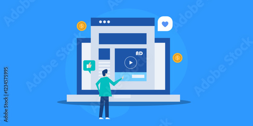 Social media marketing person measure content views, engagement and business goal KPI metrics, vector illustration concept.