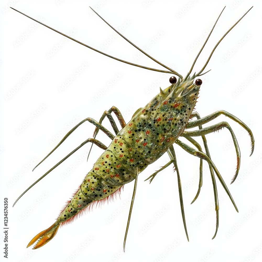 Detailed close-up illustration of a vibrant shrimp with intricate textures and unique coloration on a white background