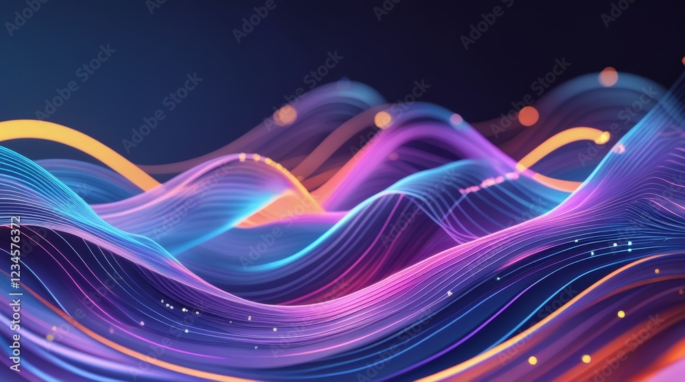Naklejka premium An abstract and futuristic composition with smooth, translucent waves made of fine lines and glowing dots. 