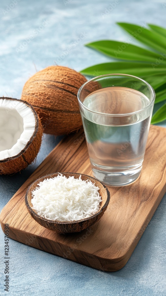 Freshly Grated Coconut on Wooden Board with Half Coconut and Glass of Coconut Water with Tropical Background Freshly Grated Coconut on Wooden Board with Half Coconut and Glass of Coconut Water with Tropical Background