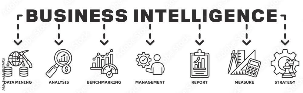 Business Intelligence banner web icon vector illustration concept with icon of data mining, analysis, Strategy, measurement, benchmarking, report and management Business Intelligence banner web icon vector illustration concept with icon of data mining, analysis, Strategy, measurement, benchmarking, report and management