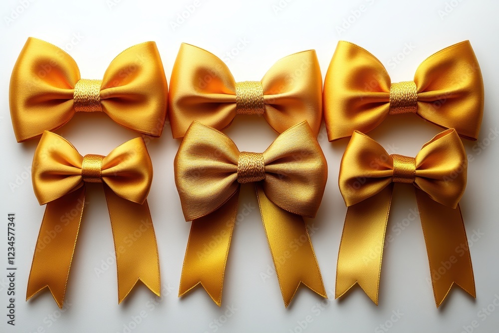 A collection of six vibrant yellow bows arranged neatly. A collection of six vibrant yellow bows arranged neatly.
