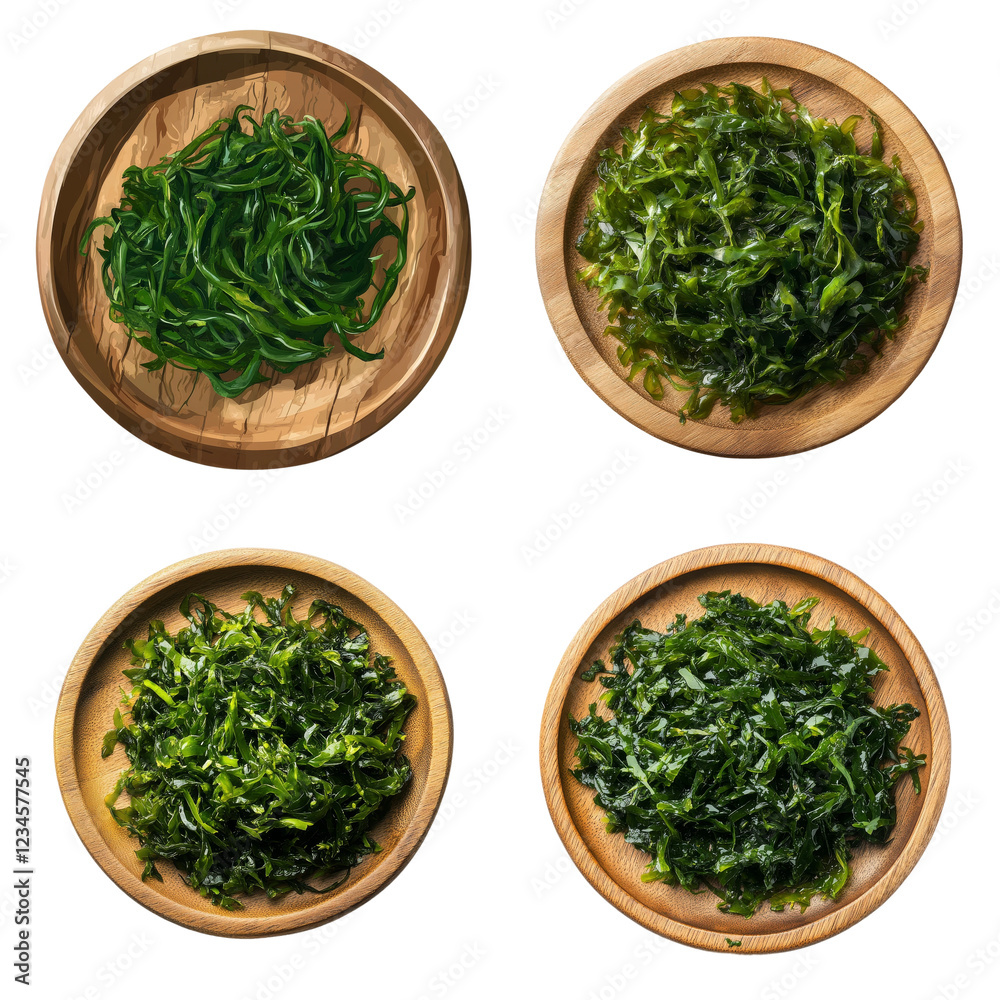 Artfully arranged seaweed varieties on wooden plates with a transparent background showcasing natural textures and colors Artfully arranged seaweed varieties on wooden plates with a transparent background showcasing natural textures and colors