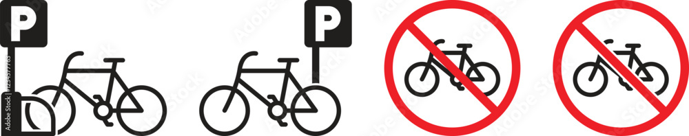 Set of vector icons for bicycle parking signs and no parking. Cyclist information and warning symbol for the public. Symbol. Vector illustration Set of vector icons for bicycle parking signs and no parking. Cyclist information and warning symbol for the public. Symbol. Vector illustration