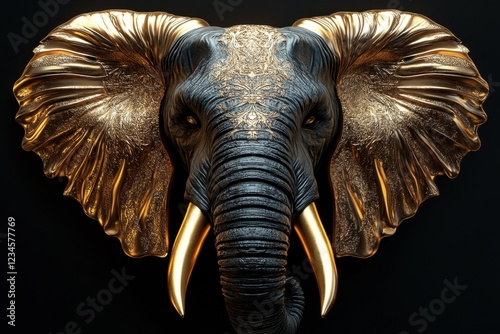 Exquisite black and gold elephant sculpture showcasing intricate detailing and artistic craftsmanship, displayed against a dark backdrop photo