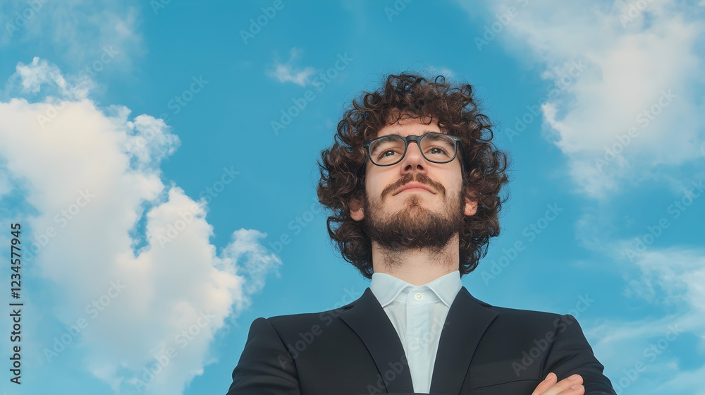 Confident businessman, sky backdrop, ambitious, success Confident businessman, sky backdrop, ambitious, success