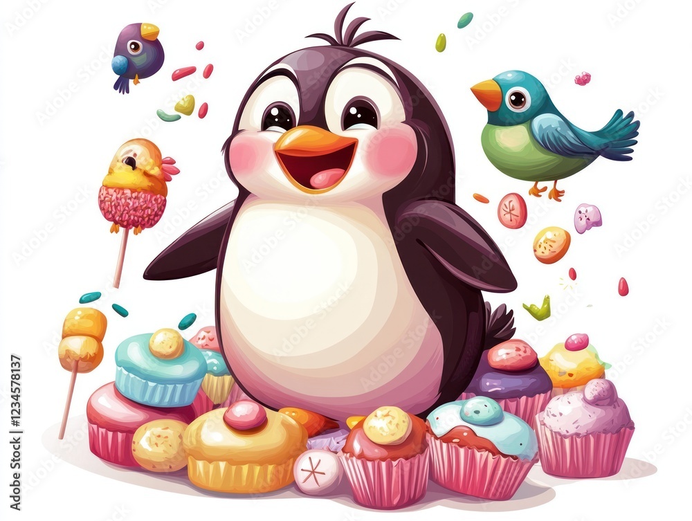 Happy penguin surrounded by cupcakes and birds Happy penguin surrounded by cupcakes and birds