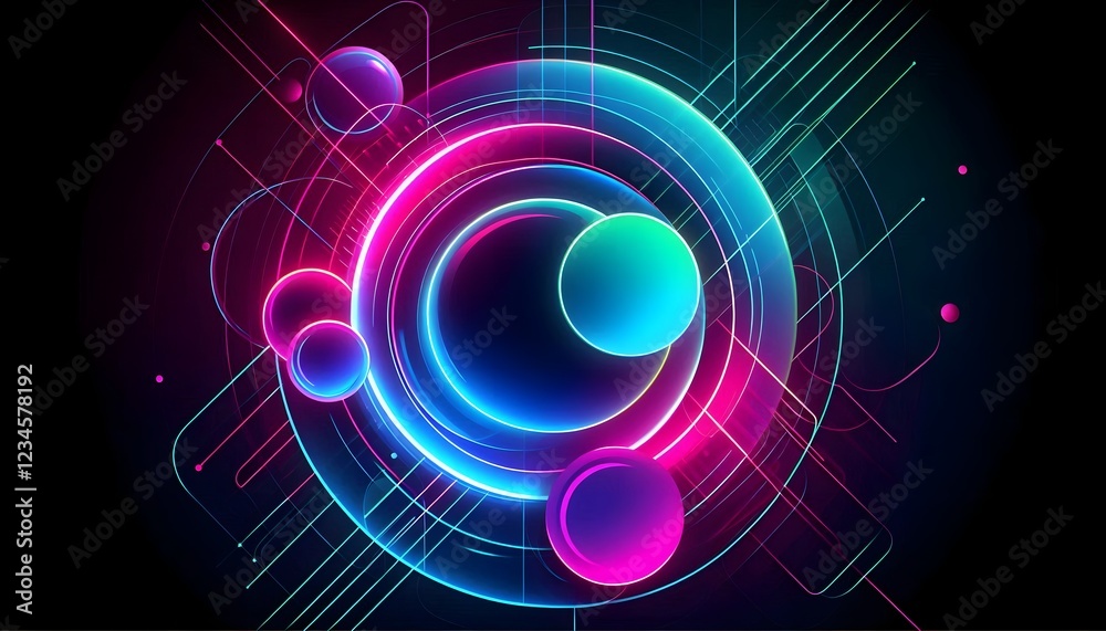 Fototapeta premium A futuristic geometric background featuring overlapping circles and intersecting lines with a glowing neon gradient