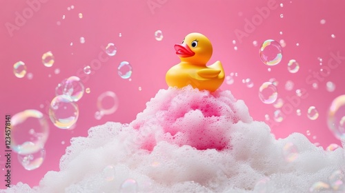 Hot pink background with a funny rubber duck sitting atop a mountain of soap suds, as bubbles float around.