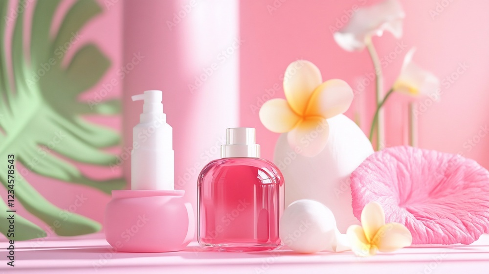Pink and White Skincare Cosmetic Product Display with Flowers and Leaf Decoration Pink and White Skincare Cosmetic Product Display with Flowers and Leaf Decoration