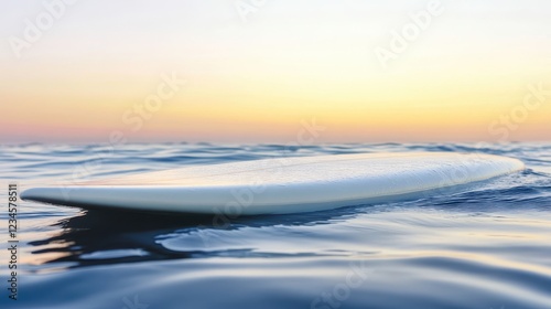 Surfboard Floating on Calm Ocean Water at Sunrise Horizon View