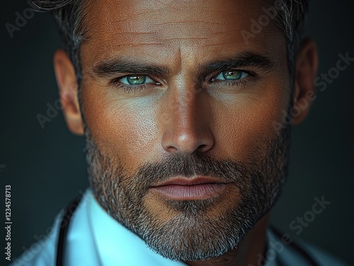 Confident male healthcare professional with strong features and piercing eyes in a close-up portrait during a professional engagement photo