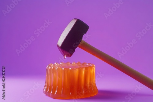 Hilarious backdrop of a rubber hammer bouncing off a jelly mold, on a solid purple background.