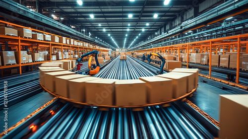 Automated factory conveyor belt, boxes moving efficiently, modern warehouse. Industrial automation logistics shipping distribution manufacturing technology robotic arm packaging production line