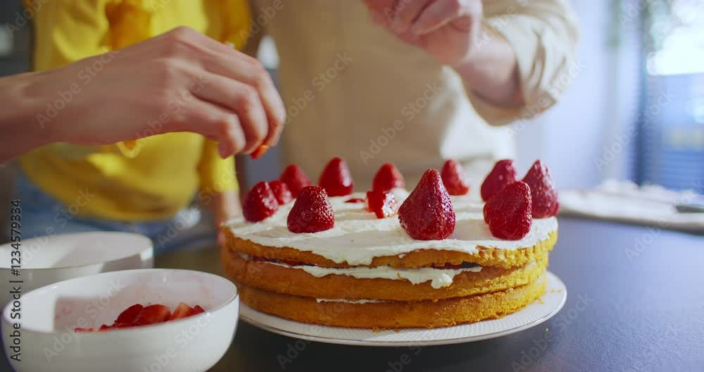 Decorating a delightful Strawberry Cake with the whole Family can be a joyful experience. A joyful moment spent decorating a delicious strawberry cake together in a cozy, warm kitchen filled with love