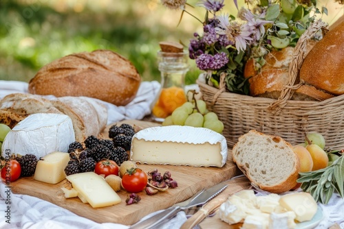 Rustic picnic with cheese, bread, fruits, and honey in a countryside atmosphere photo