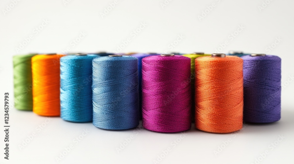 Colorful spools of thread arranged in a vibrant display Colorful spools of thread arranged in a vibrant display