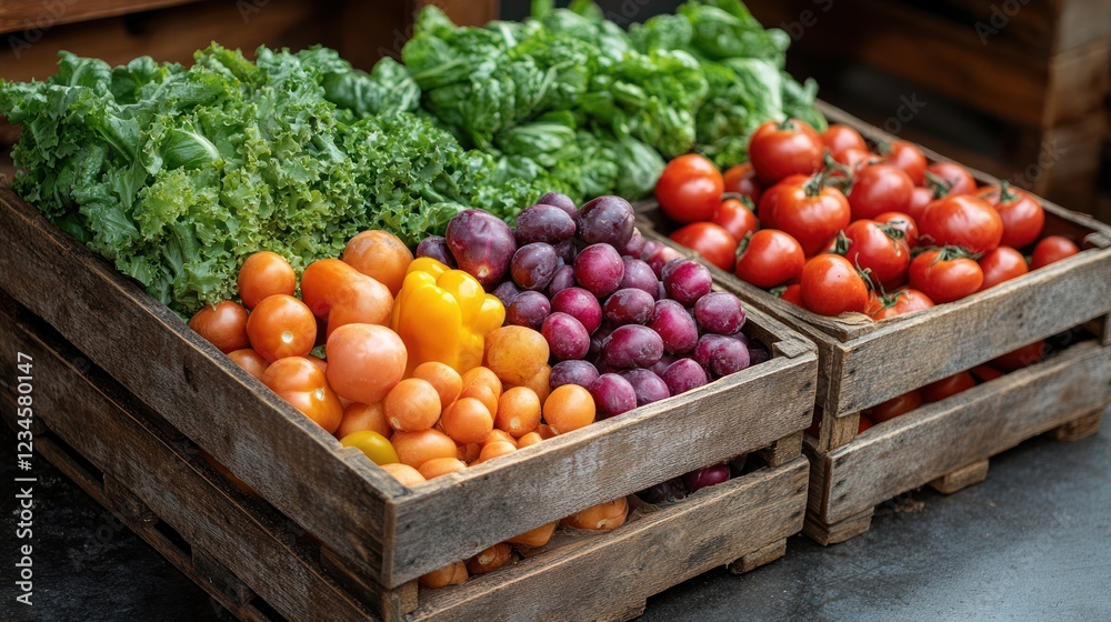 Fresh produce market wooden crates outdoors Fresh produce market wooden crates outdoors