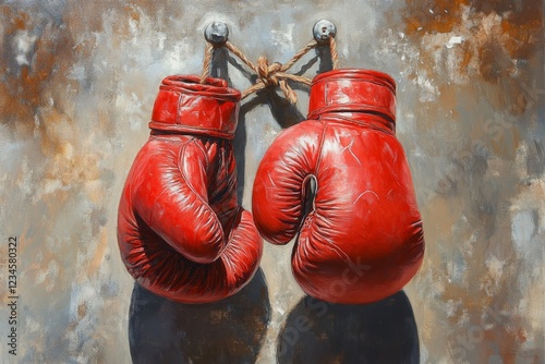 Pair of red leather boxing gloves tied together hanging on a nail in a textured environment