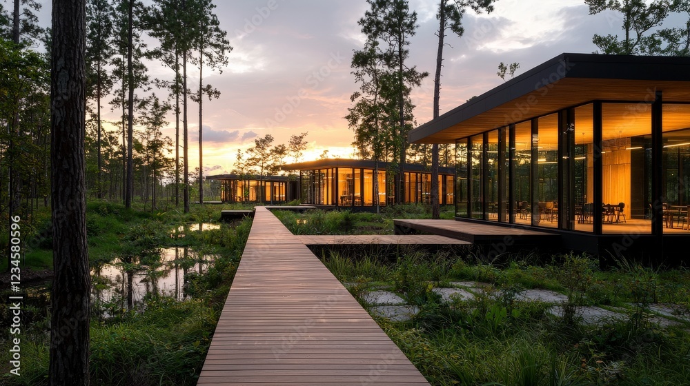 Obraz premium Modern Architecture in Nature Surroundings with Sunset Reflection on Pathway and Contemporary Glass Buildings