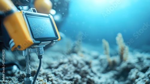 Advanced underwater camera system capturing seabed details, showcasing innovation in marine exploration. Great for educational materials, tech blogs, and scientific documentation. Selective focus