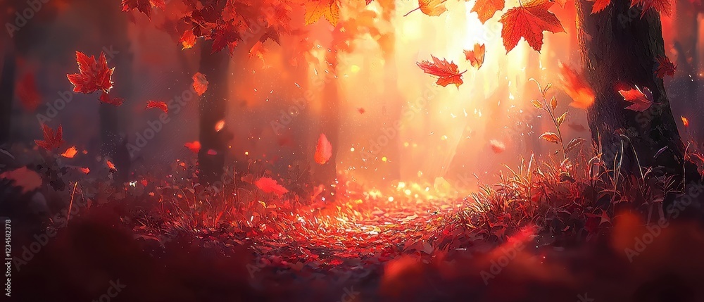 A tranquil autumn forest blanketed in vibrant red, orange, and gold leaves. A winding path covered in fallen foliage leads through towering trees, glowing softly in the afternoon sunlight. The A tranquil autumn forest blanketed in vibrant red, orange, and gold leaves. A winding path covered in fallen foliage leads through towering trees, glowing softly in the afternoon sunlight. The