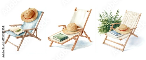 Set of relaxing beach chairs with straw hats and books create serene atmosphere. Watercolor clip art, clipart, isolated on white background.