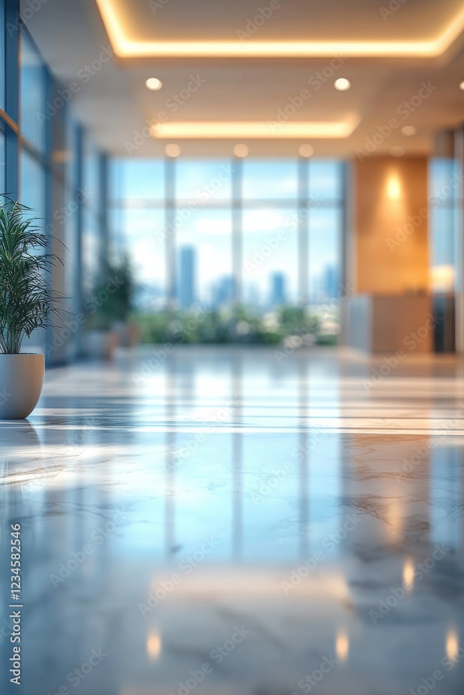 Elegant modern lobby featuring polished marble floor and city skyline view during daytime hours Elegant modern lobby featuring polished marble floor and city skyline view during daytime hours