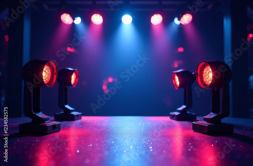 Lighting used for events. In the background, a blurred stage with decorative elements suitable for events, such as backdrops and banners.  photo