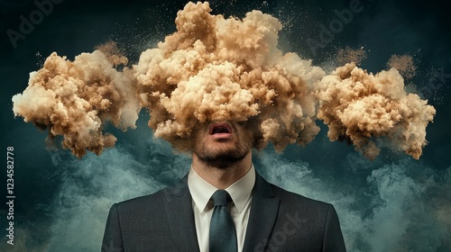Surreal Businessman Portrait with Cloud of Dust and Smoke Replacing Head in Dramatic and Artistic Scene