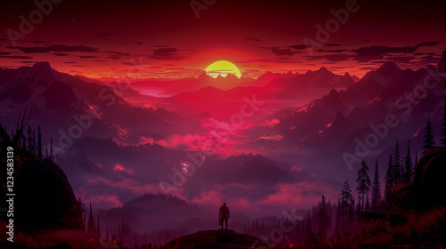 Lone Explorer Overlooking a Dramatic Red Mountain Sunset.. photo