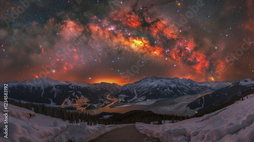 Snowy Mountain Landscape Under Vibrant Milky Way Sky.. photo