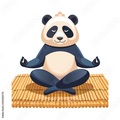 illustration of a calm panda meditating in a lotus pose on a bamboo mat. vector art