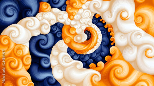 Abstract swirling orange, white, and blue fractal art; dynamic background ideal for website design or print photo