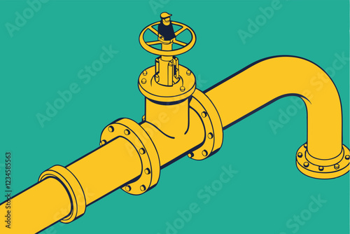 Bright yellow pipe, curved plumbing, teal background, minimalist design, clean lines, industrial aesthetic, 3D rendering, high contrast, smooth texture, geometric shapes, bold colors, simplified co