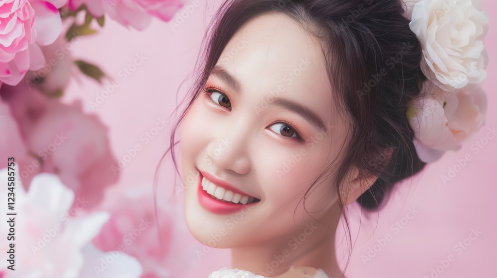 Asian woman with pink peonies turned slightly wearing expression looking at the camera glowing pastel backdrop copyspace concept of fashion cosmetics beauty Asian woman with pink peonies turned slightly wearing expression looking at the camera glowing pastel backdrop copyspace concept of fashion cosmetics beauty