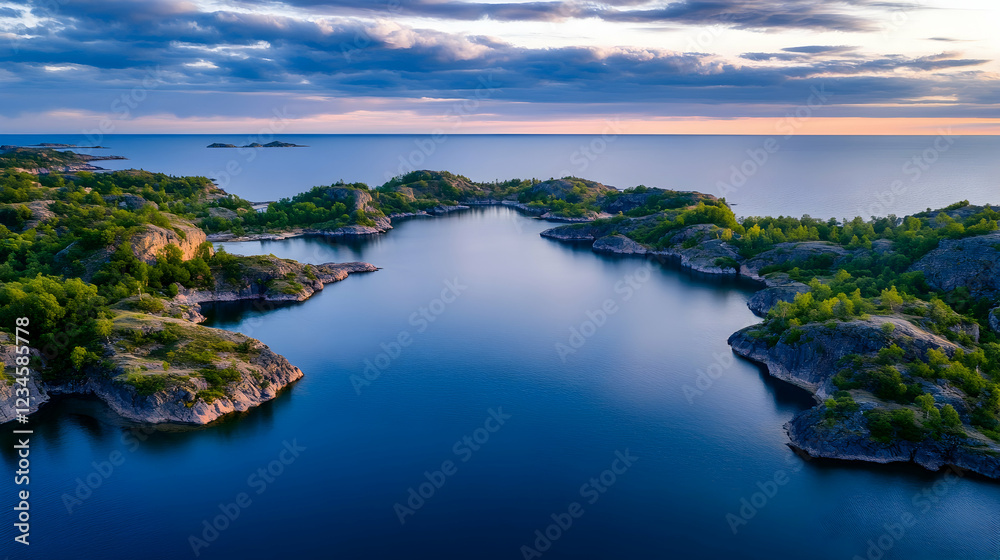 Aerial view of serene coastal inlet at sunset, rocky islands, calm water, perfect for travel brochures Aerial view of serene coastal inlet at sunset, rocky islands, calm water, perfect for travel brochures