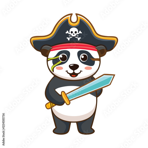 illustration of a panda wearing an eye patch and pirate hat, holding a bamboo sword. vector art