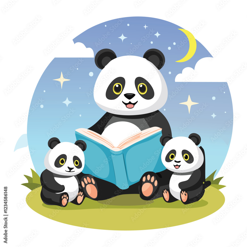 illustration of a parent panda reading a bedtime story to two panda cubs. vector art illustration of a parent panda reading a bedtime story to two panda cubs. vector art