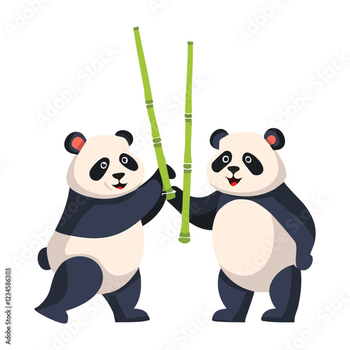 illustrtion of two pandas competing in a bamboo-throwing contest. vector art