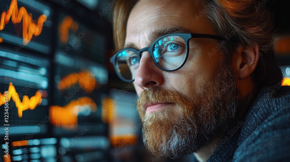 Deep analysis of financial trends by a focused analyst in a modern trading room environment during evening hours Deep analysis of financial trends by a focused analyst in a modern trading room environment during evening hours
