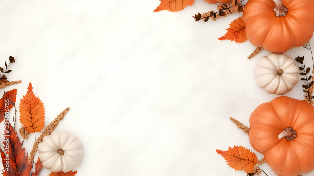 Fototapeta premium Autumn harvest pumpkins & leaves border on white background; fall greeting card design