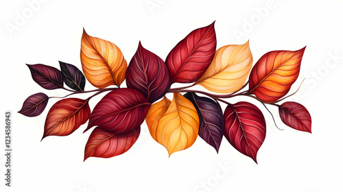 Autumn leaves branch, fall colors, white background, design element