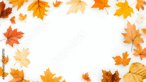 Autumn leaves frame on white background; fall design, seasonal template