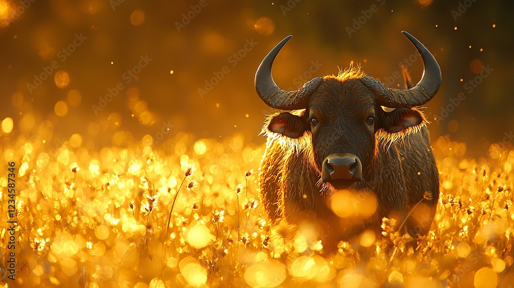 Naklejka premium Buffalo Grazing in Golden Field at Sunset Serene Wildlife Scene of Large Mammal in Nature.