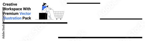 Woman working on her laptop beside a shopping cart, symbolizing online shopping or e-commerce concepts. Ideal for e-commerce, technology, shopping, business, productivity, digital marketing, flat