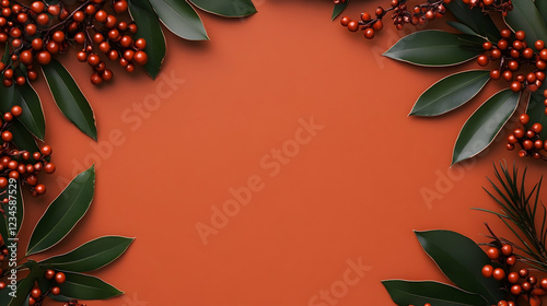 Autumnal foliage border on burnt orange background.  Perfect for fall greeting cards or seasonal promotions