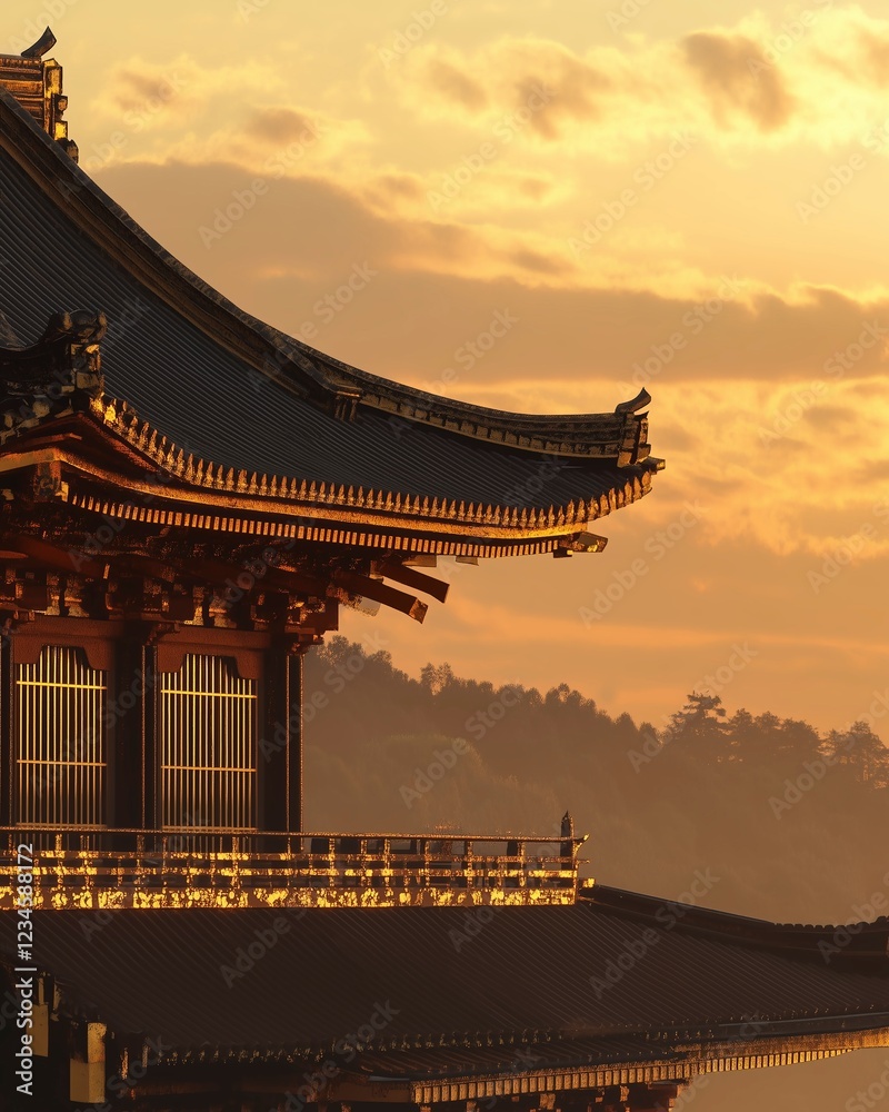 Golden Temple Roof in a Traditional Japanese Architecture, Backlit by a Sunset Sky